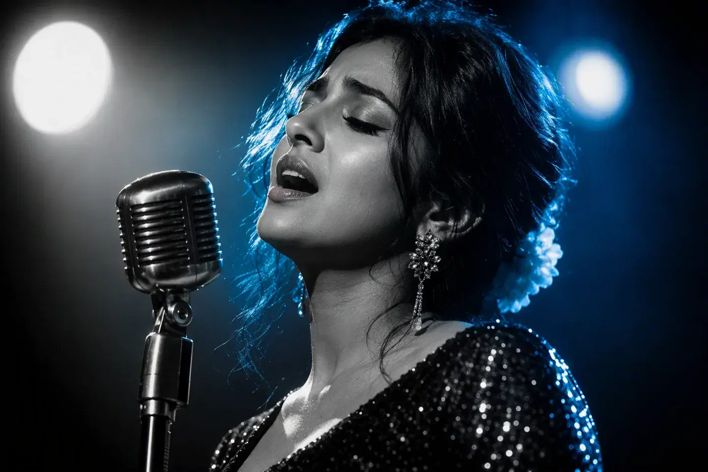 A singer performing at a vintage microphone