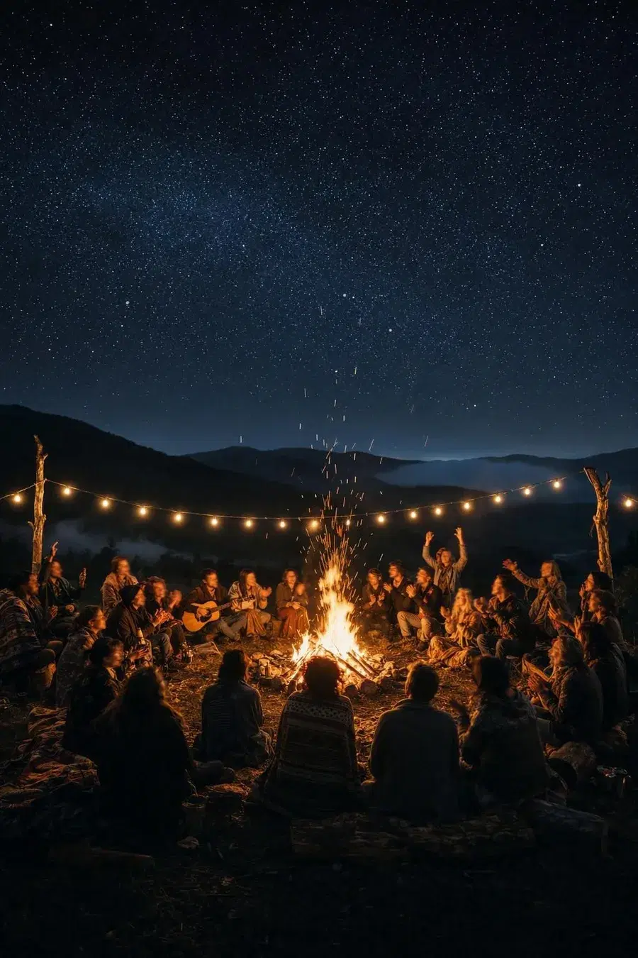 Friends in shawls around a bonfire with a guitarist under a starry sky
