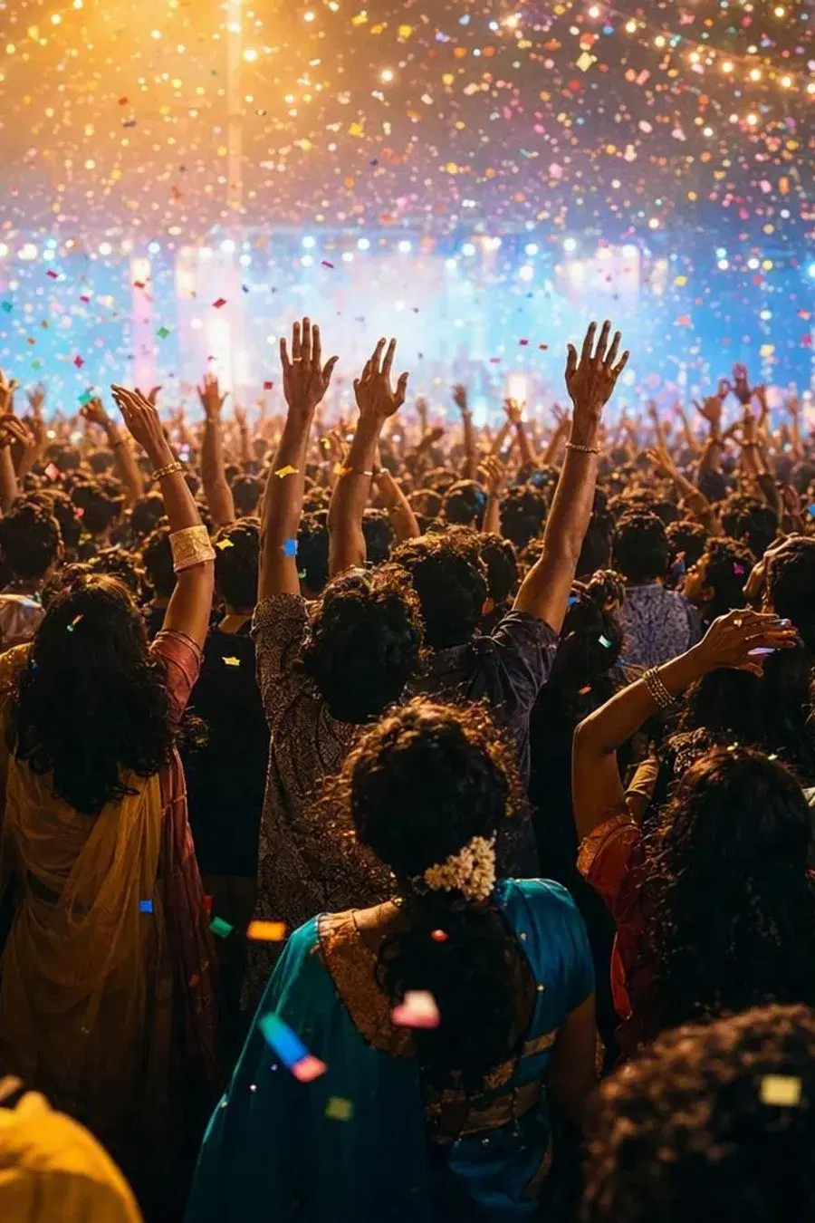 Crowd singing with hands in the air under confetti and festoon lights
